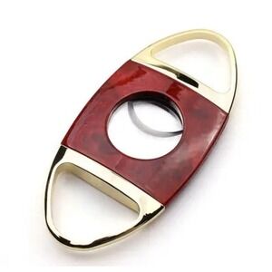 Cigar Cutter Polished Metal, Straight Cut, Double Stainless Steel Gold Mahogany